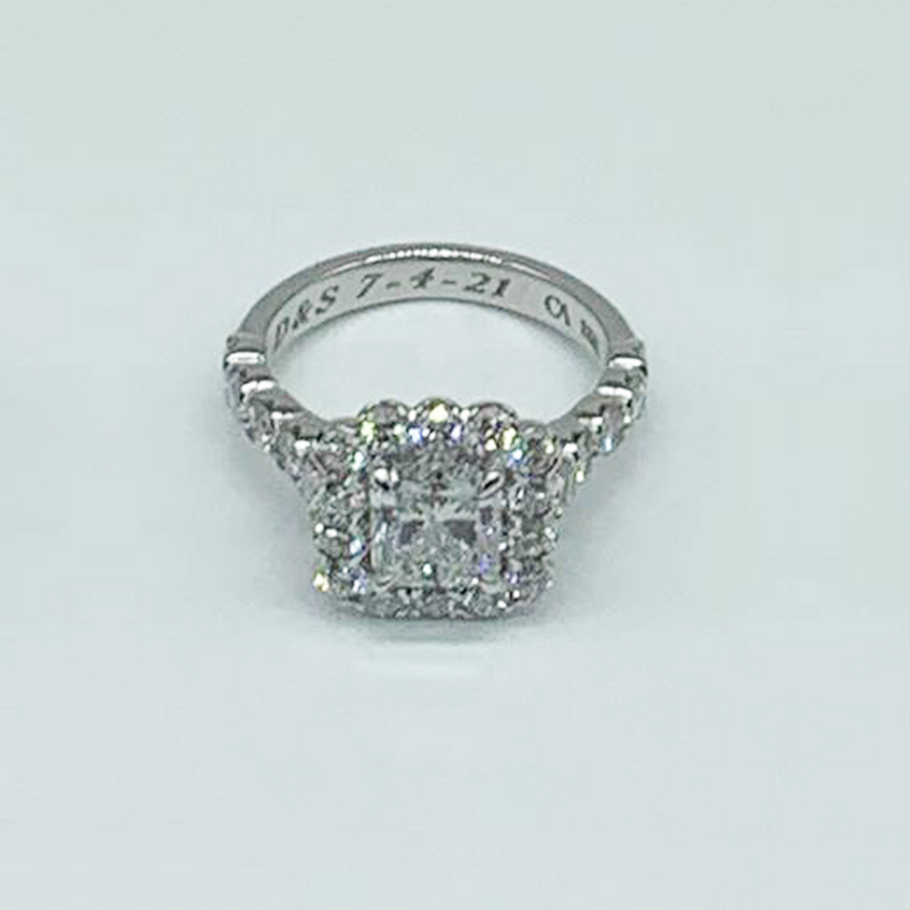 CA 18 Karat White Gold Brilliant Radiant Cut and Diamond Halo Engagement Ring