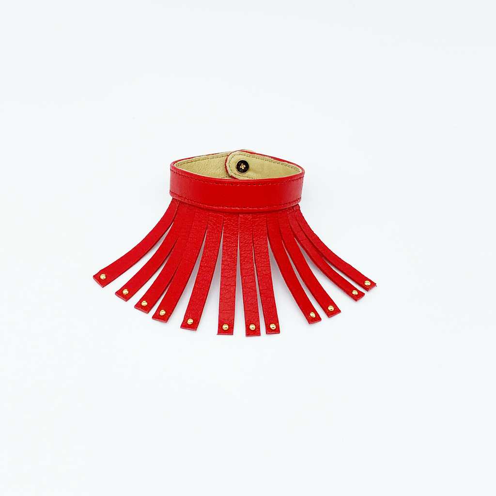 Christopher Augmon Nile Red Studded Fringe lamb skin bracelet with gold studs