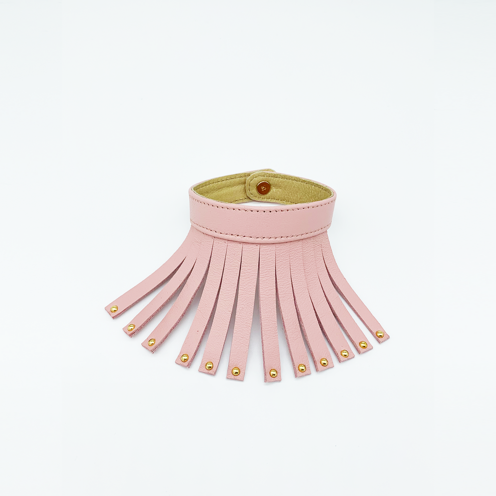 Christopher Augmon Nile Powder Pink Studded Fringe lamb skin bracelet with gold studs