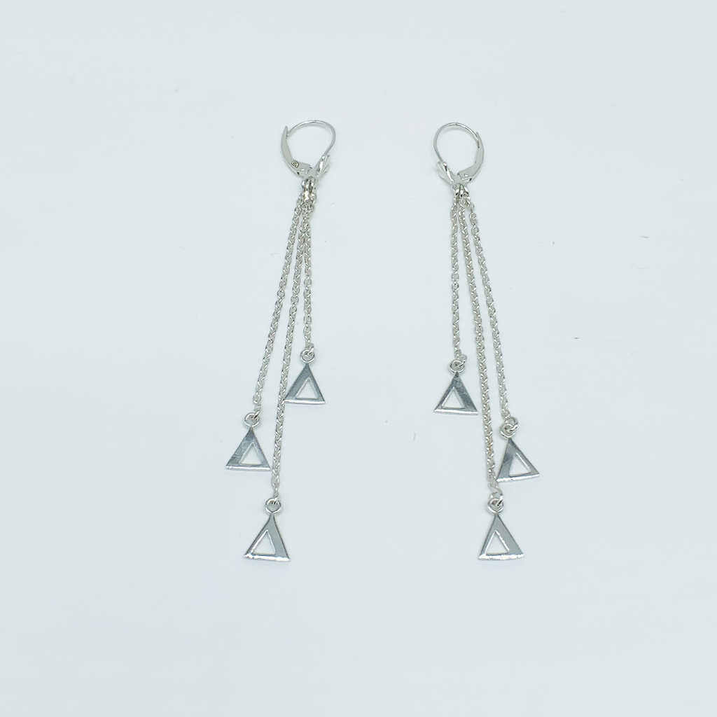 CA Three Triangle Unity Chandelier Earrings (Silver-Rhodium White Gold Plated)