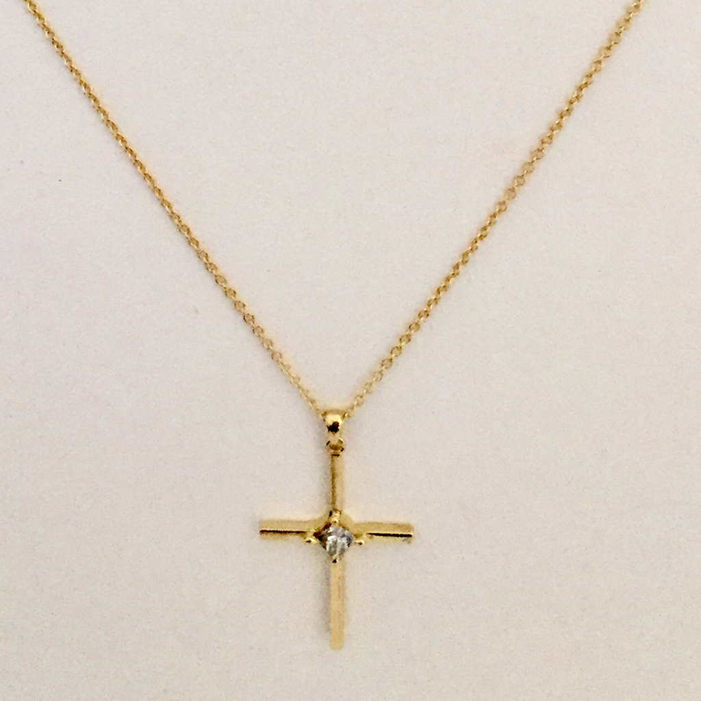 CA-Classic Cross 18 karat Yellow Gold with Princess Cut Diamond Pendant Necklace