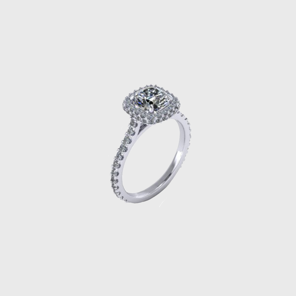 CA Custom Cushion and Double Diamond Halo Platinum Band Engagement Ring