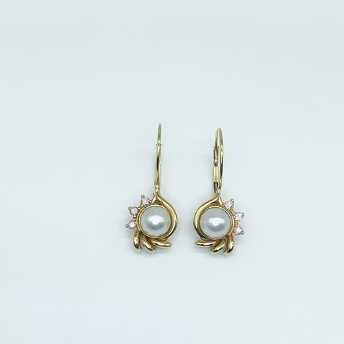 CA Custom "SM Heirloom" Pink Diamond and Akoya Pearl Stem Earrings