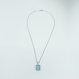 CA Custom Macro 5k Emerald Cut Aquamarine and Circle Diamond Pendant Necklace